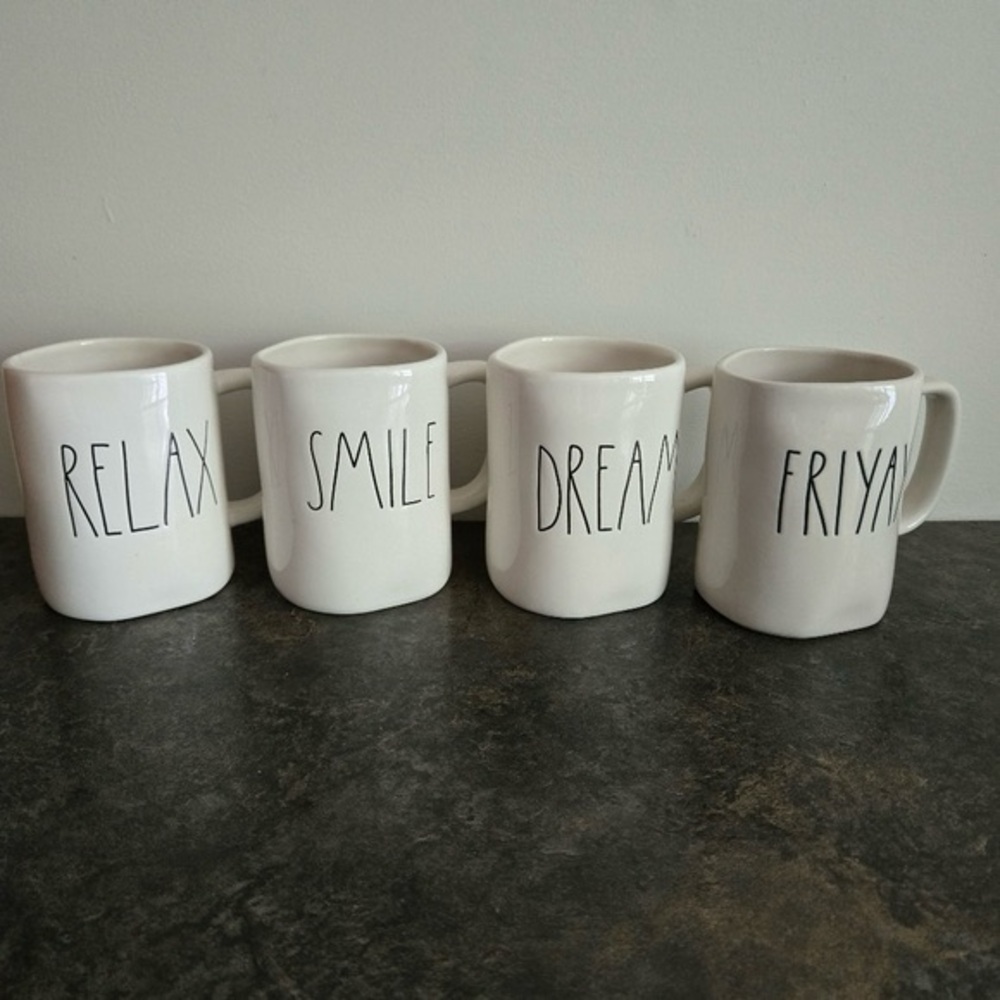 Rae Dunn White Ceramic Mugscups Lot  DREAM SMILE FRIYAY RELAX